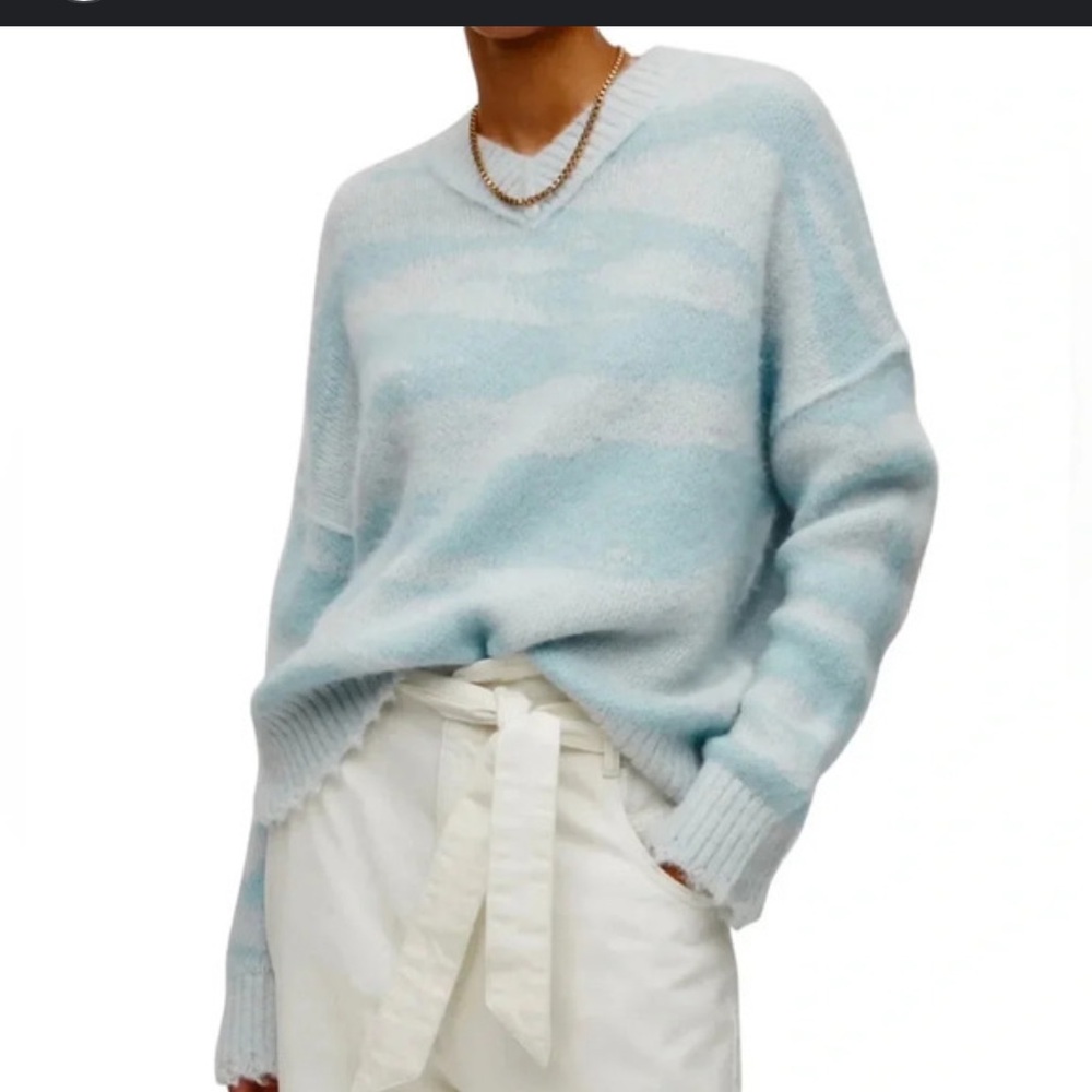 AllSaints Women’s Tiga Blue Abstract Stripe V-Neck Wool Alpaca Sweater Small